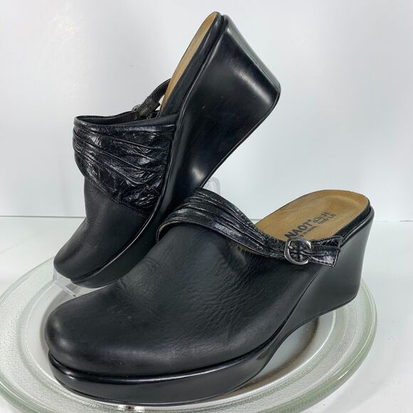 Womens Wedge Heels Naot Shoes Mule Boho Clogs Black Sz 8 Leather Slip On Buckle - Picture 11 of 13